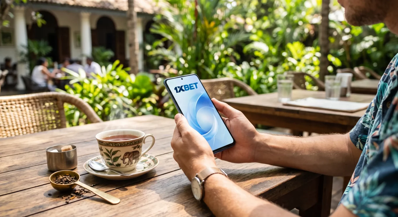 A person holding a smartphone displaying the 1xBet mobile app at a café table in Sri Lanka, with a cup of tea and spices nearby. Mobile betting on vacation