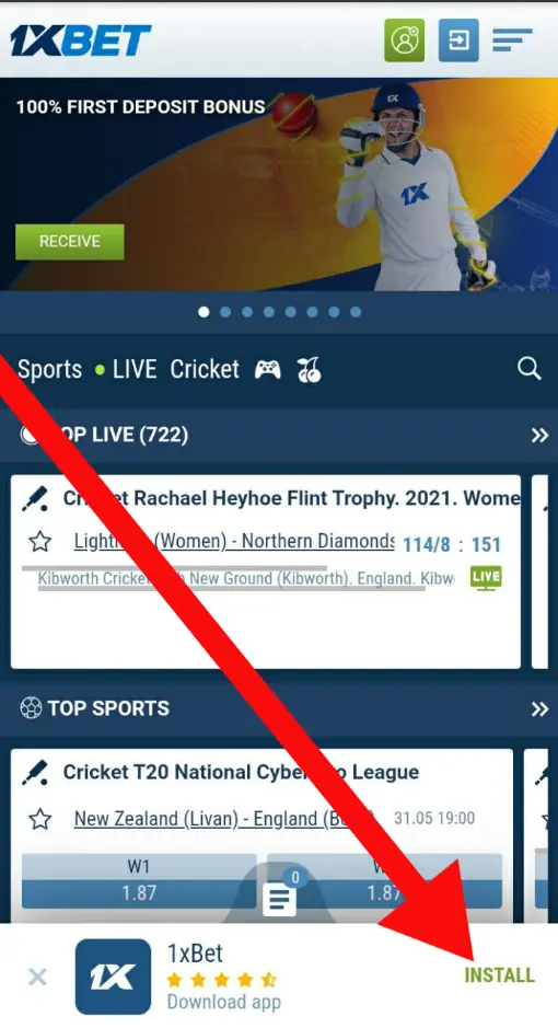 1xBet mobile homepage screen with a long red arrow pointing to the Install button for the app at the bottom banner