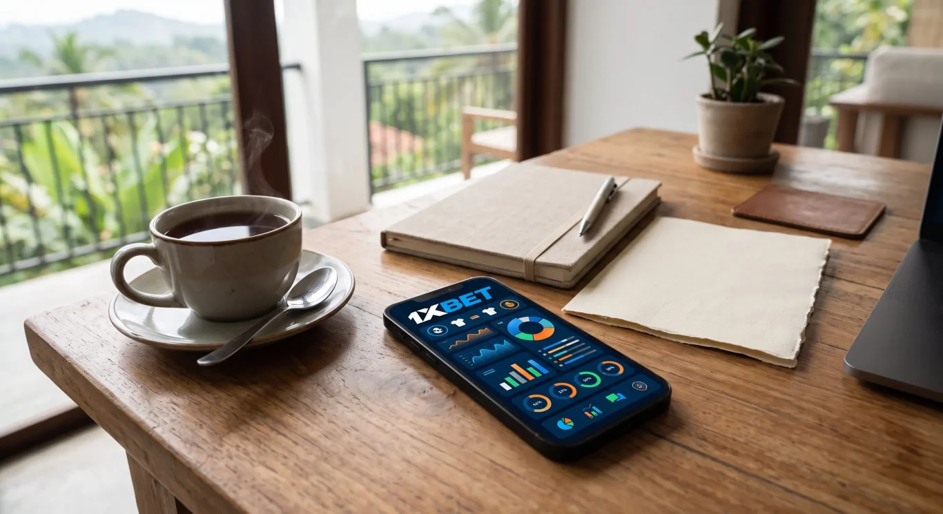 A smartphone on a wooden desk showing a 1XBET sports statistics app dashboard next to a cup of Ceylon tea and a notebook. Background shows a tropical balcony with palm trees