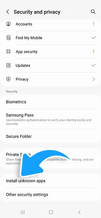 Android Security and privacy settings menu screen with a blue arrow pointing to the Install unknown apps option