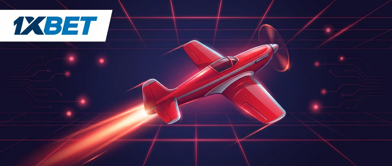 Illustration of a red single-engine airplane accelerating with a fiery trail, on a cyberpunk background with a digital grid and schematics, featuring the 1xBet logo in the top left corner