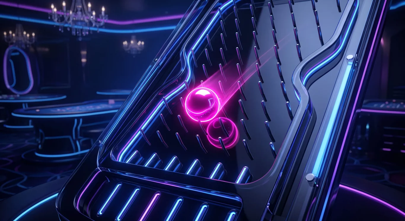 A vibrant close-up shot of two glowing neon pink balls cascading down a futuristic Plinko game board with intricate metallic pegs. The setting is a dark, upscale casino hall with blue and purple neon lighting, distant gaming tables, and classic crystal chandeliers. The dynamic composition emphasizes motion and high detail