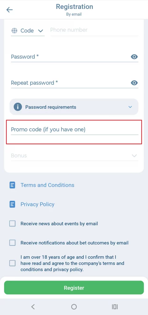 1xBet registration form with a red highlight box around the promotional code input field