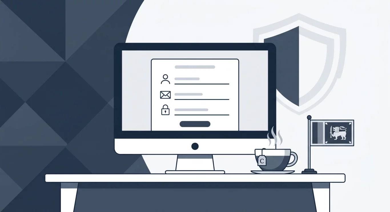 Flat vector illustration of a desktop monitor showing a secure login form, next to a steaming cup of tea and a small Sri Lankan flag. A large security shield is in the background